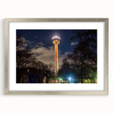 Textured abstract art print of San Antonio skyline in muted earth tones on a framed silver mat, ideal for bedroom art.