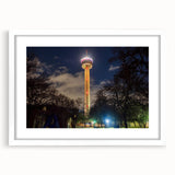 Abstract art print of San Antonio skyline in muted blue tones on a white framed canvas.
