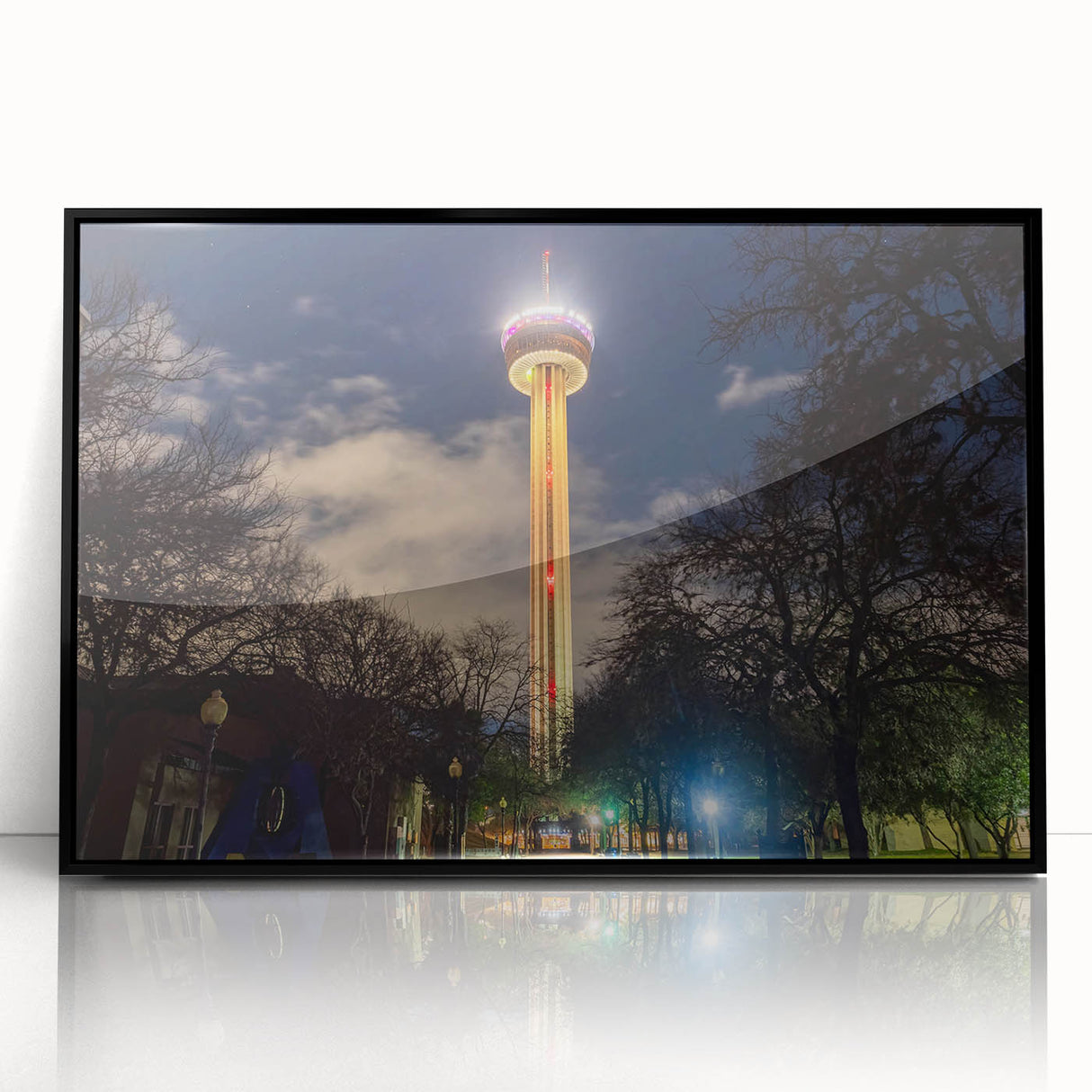 Large abstract wall art depicting the San Antonio skyline in muted gray and blue tones, framed acrylic print.