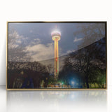 Large art print of San Antonio skyline in gold and blue hues on a framed acrylic, ideal for modern art wall decor.