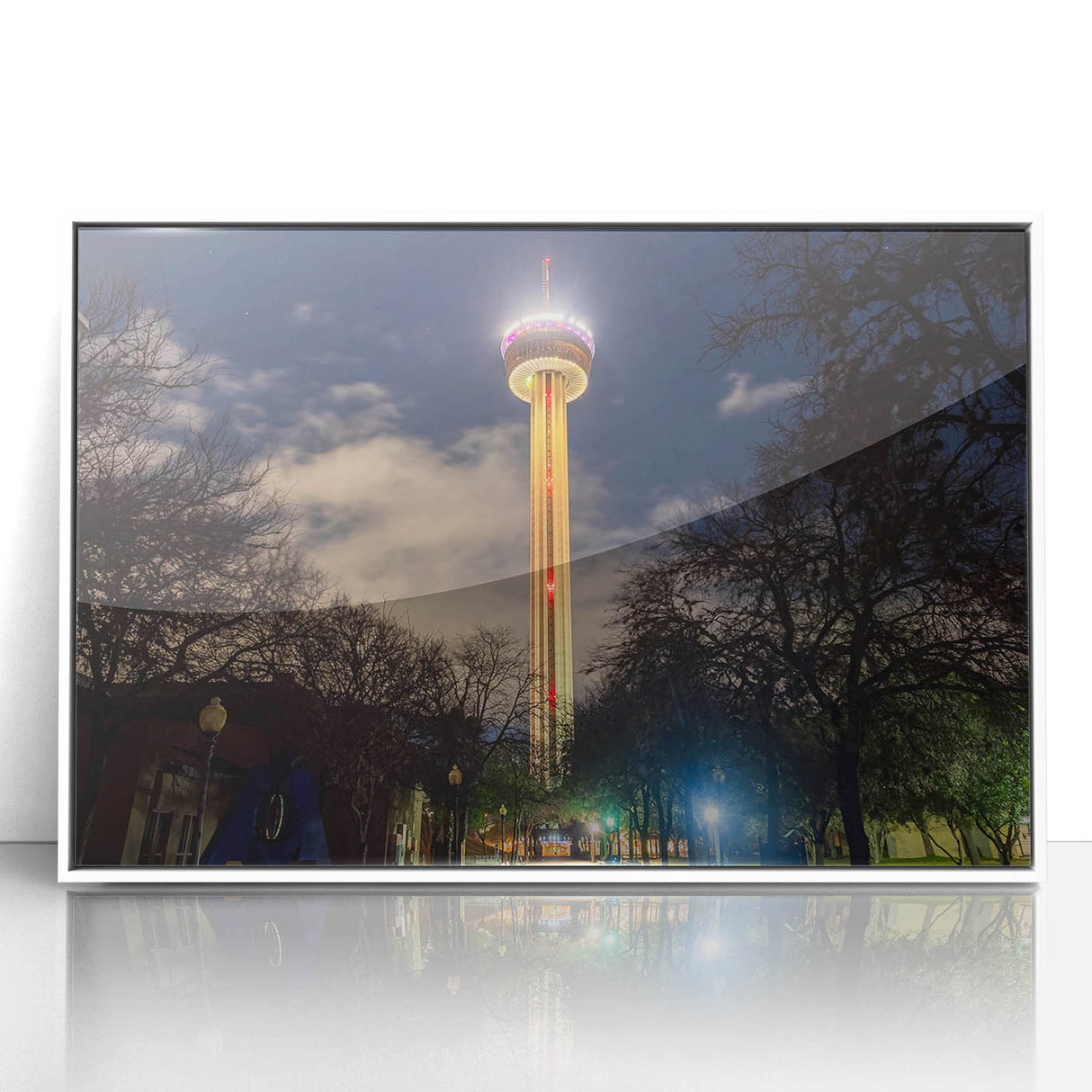 Framed acrylic print of San Antonio skyline in muted colors, ideal for modern art wall decor.