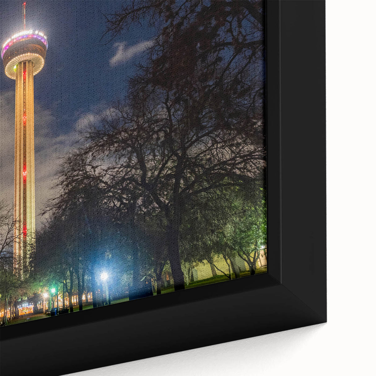 Extra large framed canvas featuring a textured depiction of the San Antonio skyline in black with colorful art accents.