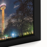 Extra large framed canvas featuring a textured depiction of the San Antonio skyline in black with colorful art accents.