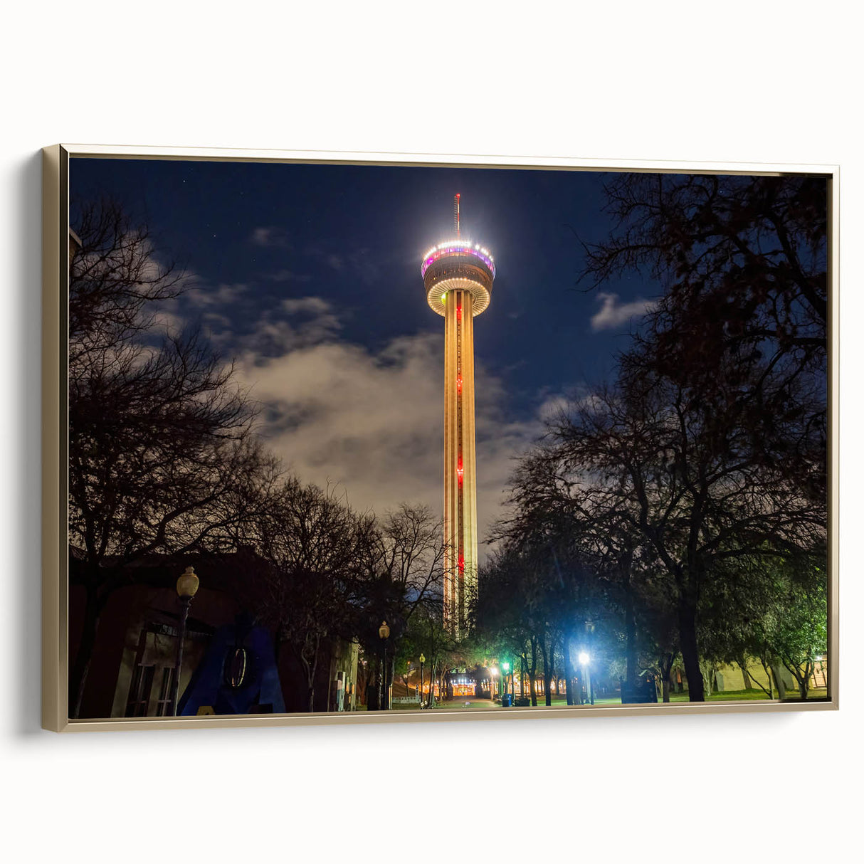 Framed canvas featuring a vintage-style landscape painting of San Antonio, Texas in muted earth tones.