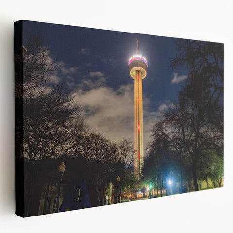 San Antonio cityscape on large stretched canvas, featuring earthy and blue tones, suitable for kitchen wall art.