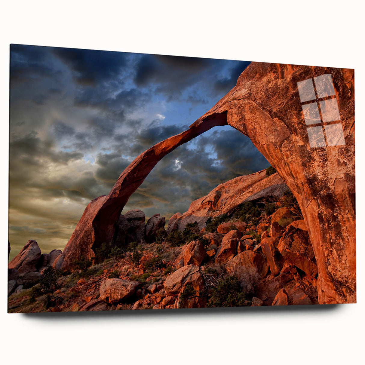 Large abstract depiction of Utah's Arches on acrylic glass, with vibrant orange and red tones.