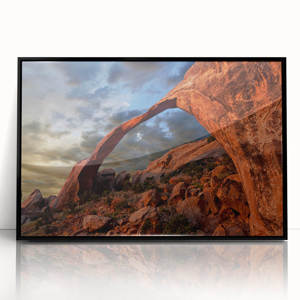 Framed acrylic print of a large abstract depiction of Arches National Park in Utah.