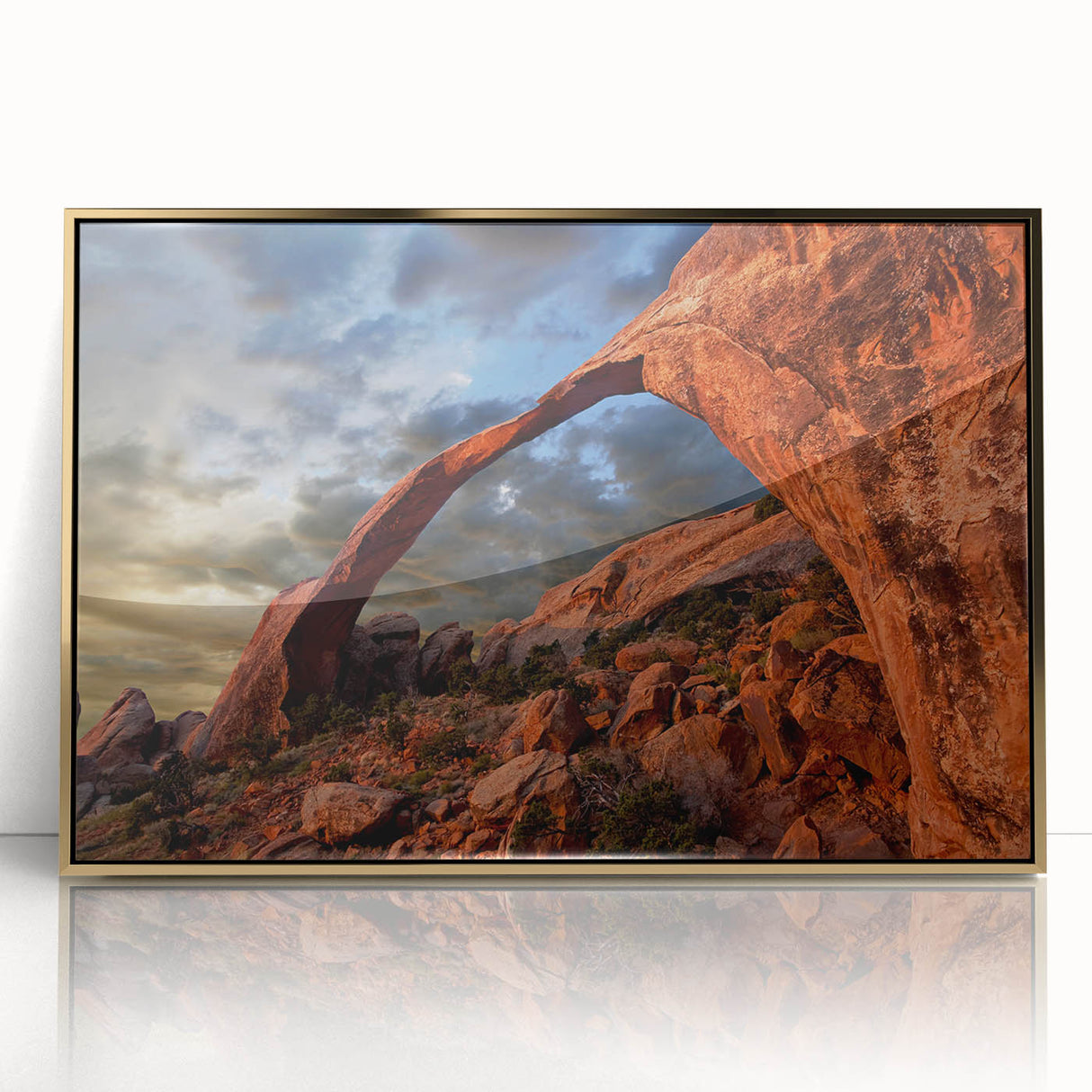 Framed acrylic print of Arches National Park with warm earth tones, ideal for modern art wall decor.