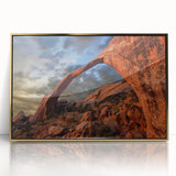 Framed acrylic print of Arches National Park with warm earth tones, ideal for modern art wall decor.