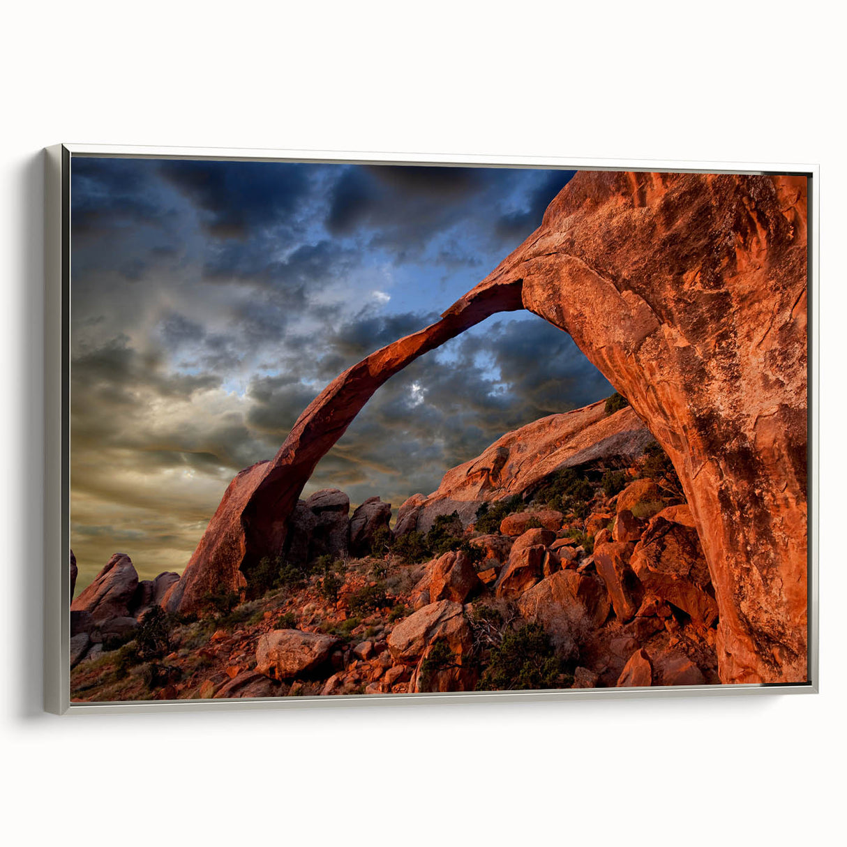 Framed canvas of Arches National Park landscape with muted earth tones, ideal for office or study room decor.
