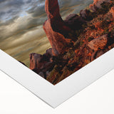 Art deco poster of Utah Arches on rolled canvas, in earthy red and brown tones, suitable for dining room wall art.