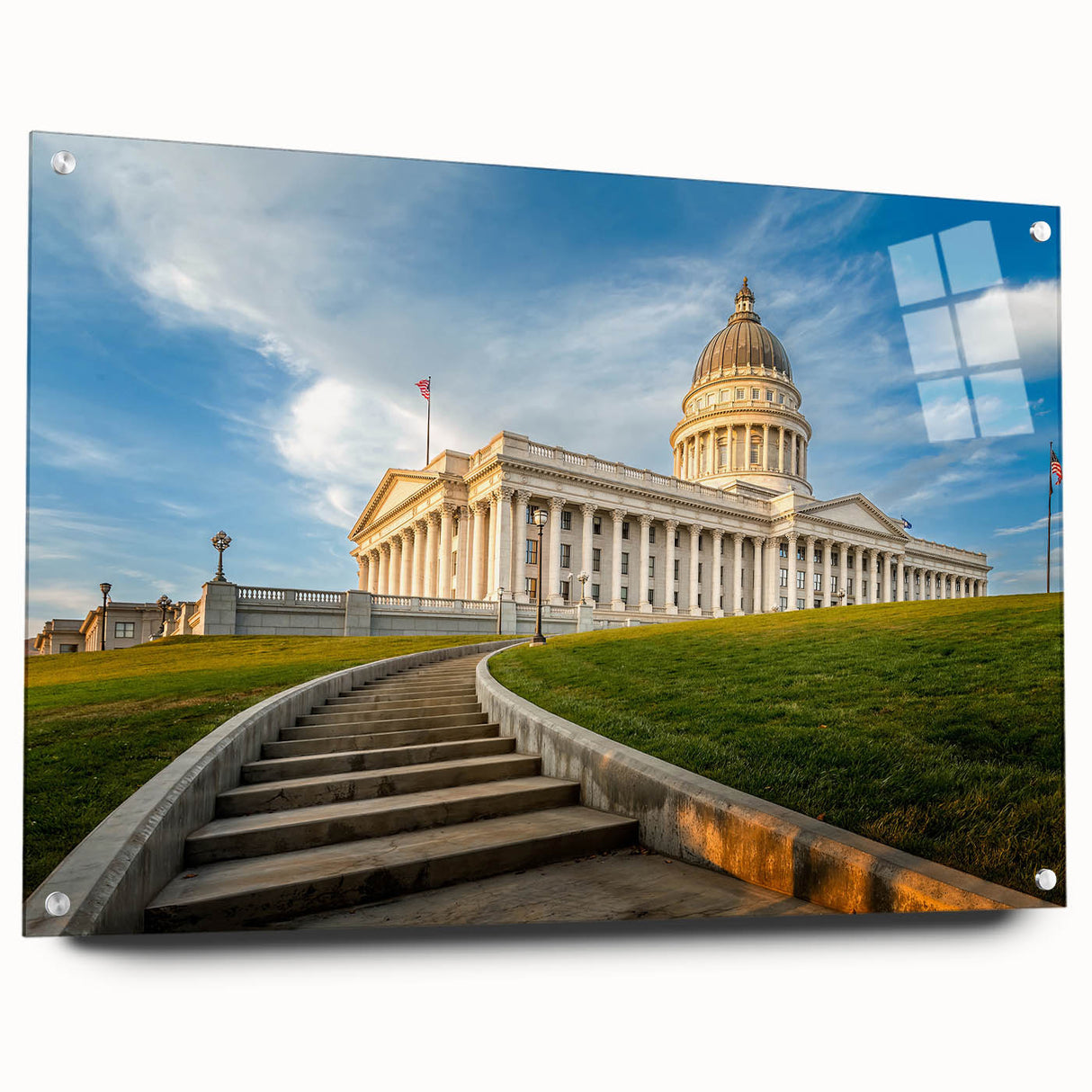 Acrylic print of Salt Lake City with soft blue and gray tones, ideal for modern dining room decor.