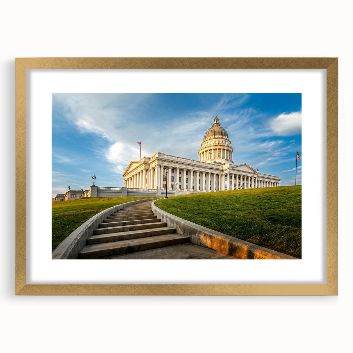 Extra large abstract art print of Salt Lake City, featuring textured layers in muted earth tones, framed in gold.