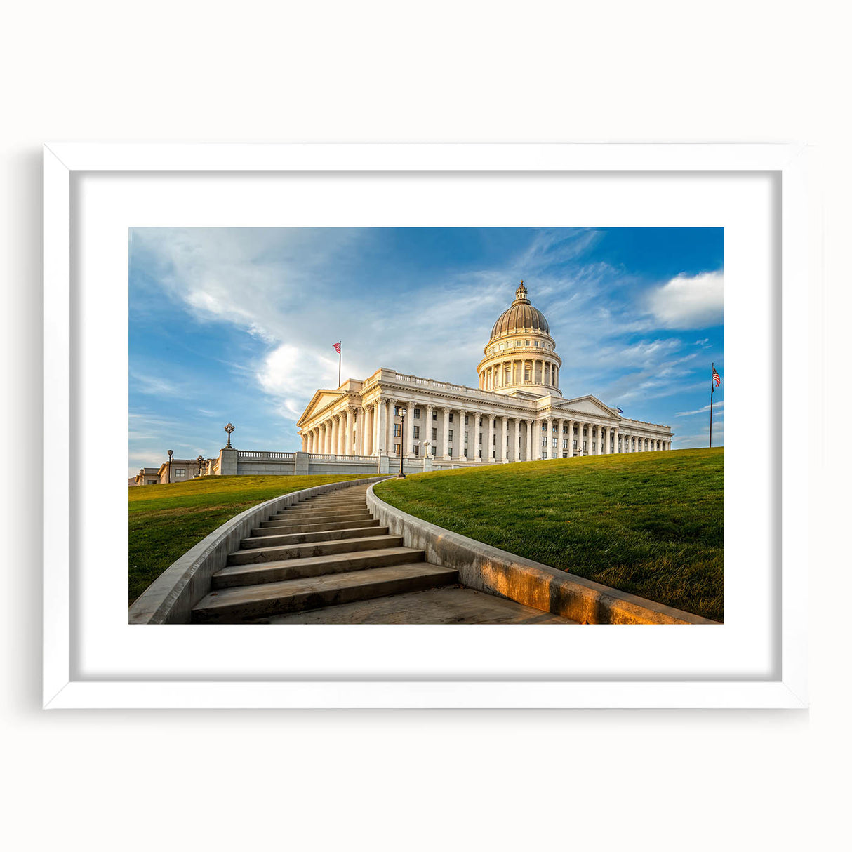 Abstract art print of Salt Lake City in muted blue and gray tones on a framed white mat, ideal for dining room decor.