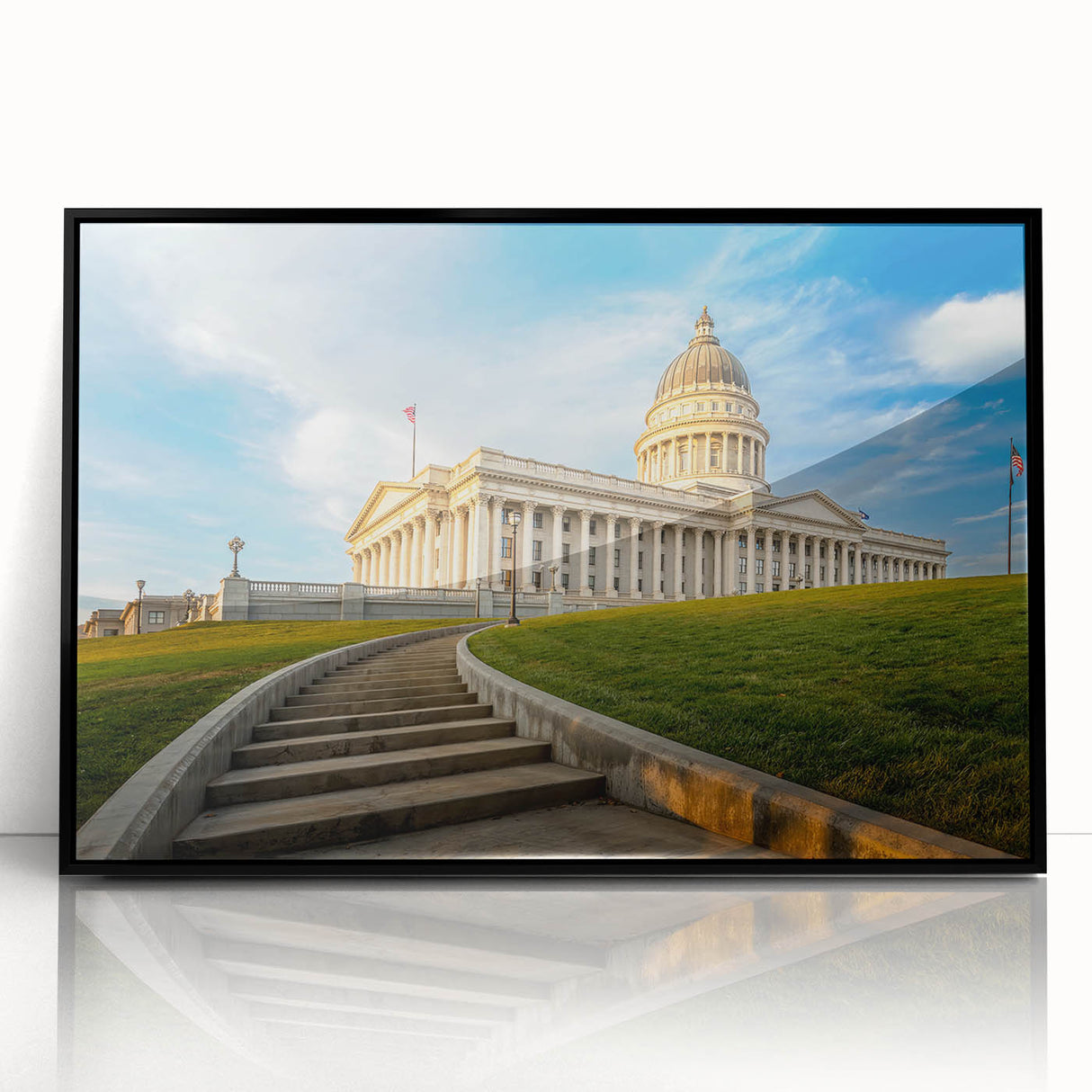 Large abstract wall art featuring Salt Lake City with vibrant hues on black framed acrylic.