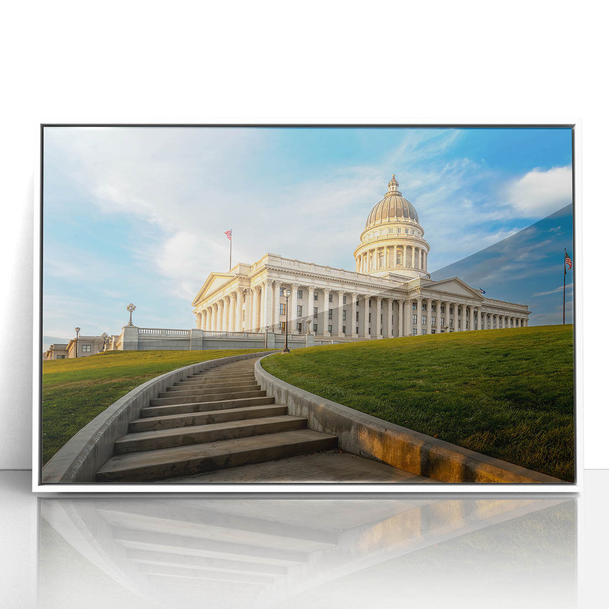 Acrylic print of Salt Lake City with soft pastel shades, framed in white, suitable for modern nursery decor.