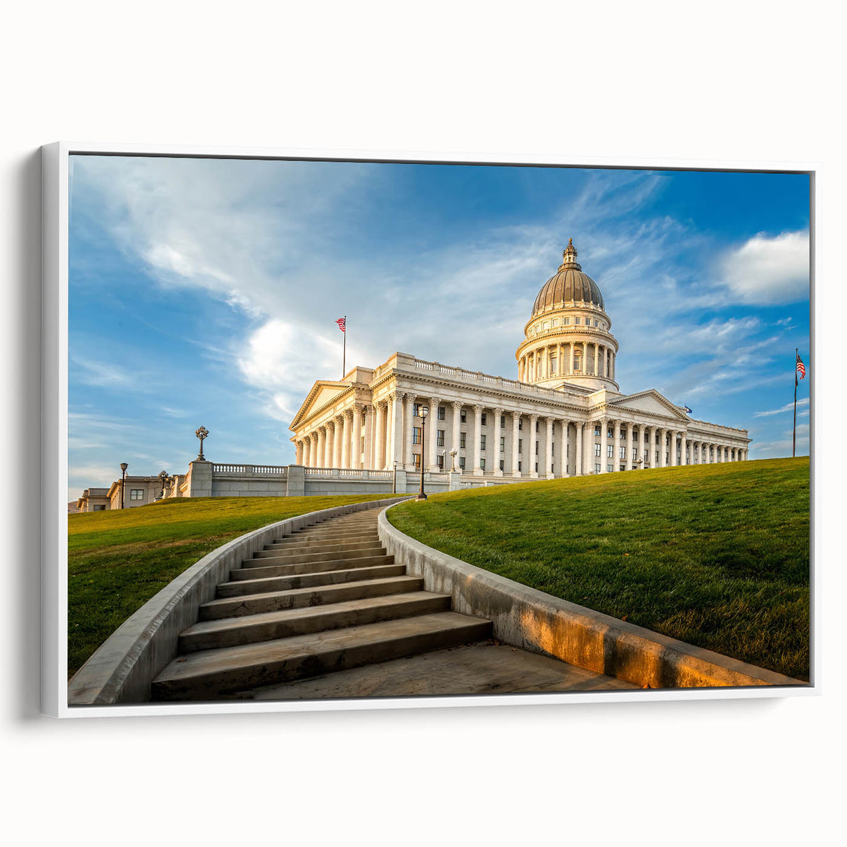 Vintage poster art of Salt Lake City with vibrant colors on a white-framed canvas, ideal for living room decor.