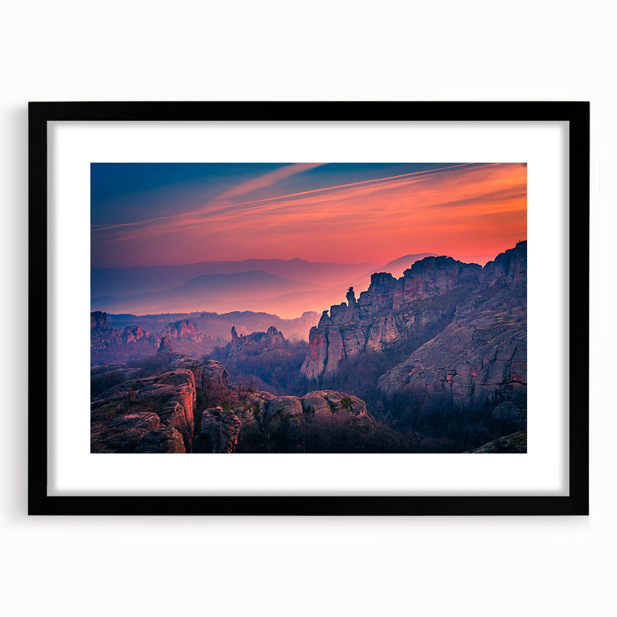 Extra large abstract art print depicting a colorful, textured scene of Zion, USA, in a black framed mat.