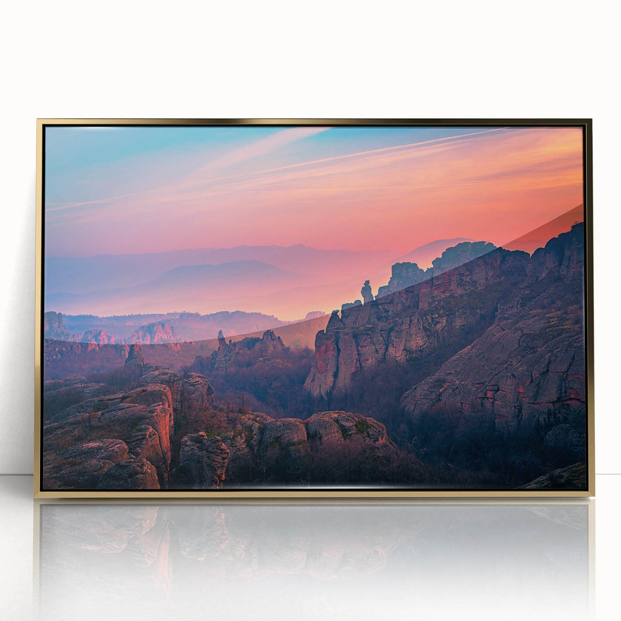 Large art print of Zion National Park in Utah featuring muted earth tones on a framed acrylic.