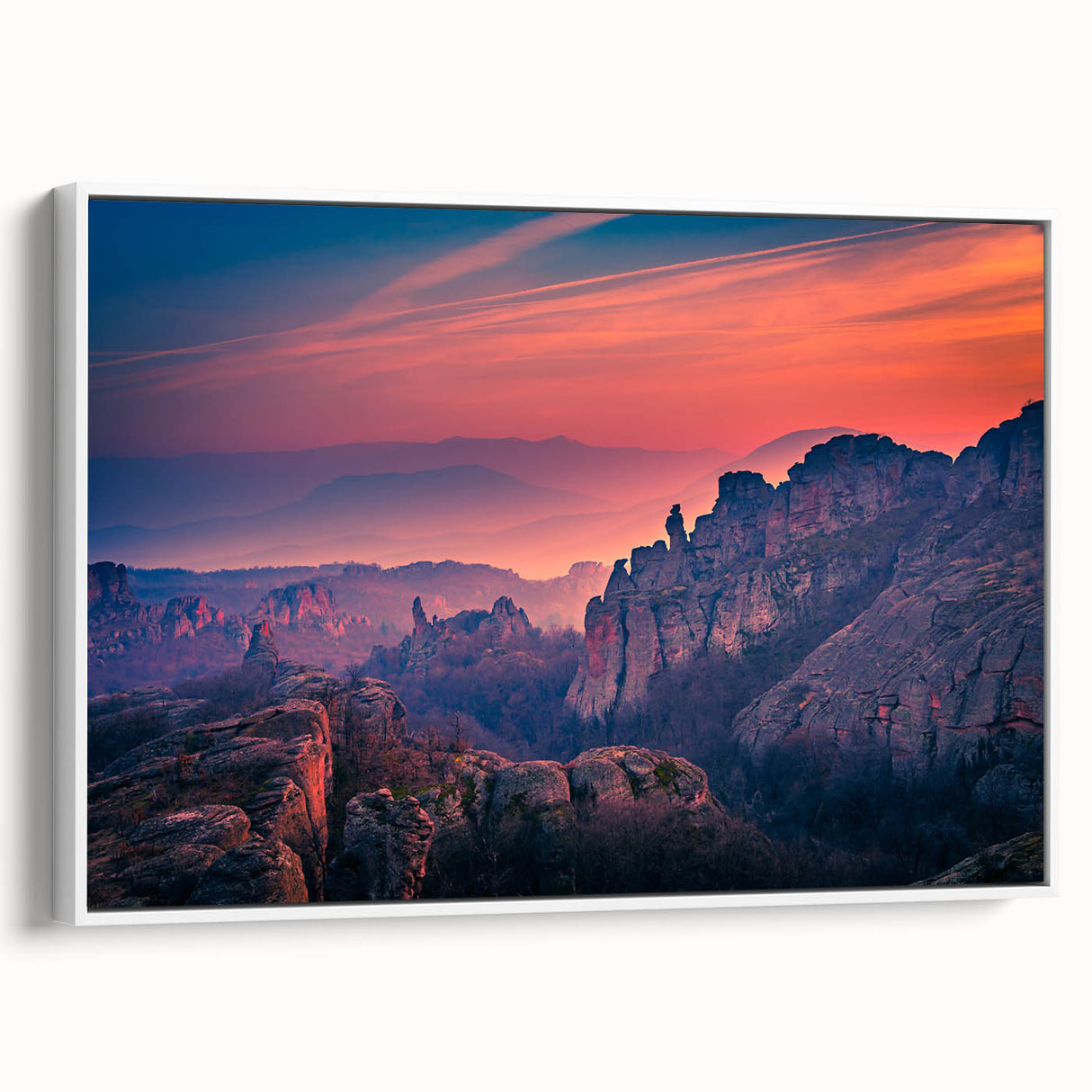 Vintage poster art of Zion National Park on a framed canvas, featuring vibrant colors and black border.