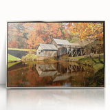 Mid-century modernist art depicting a serene Virginia landscape in muted earth tones, framed in silver acrylic.