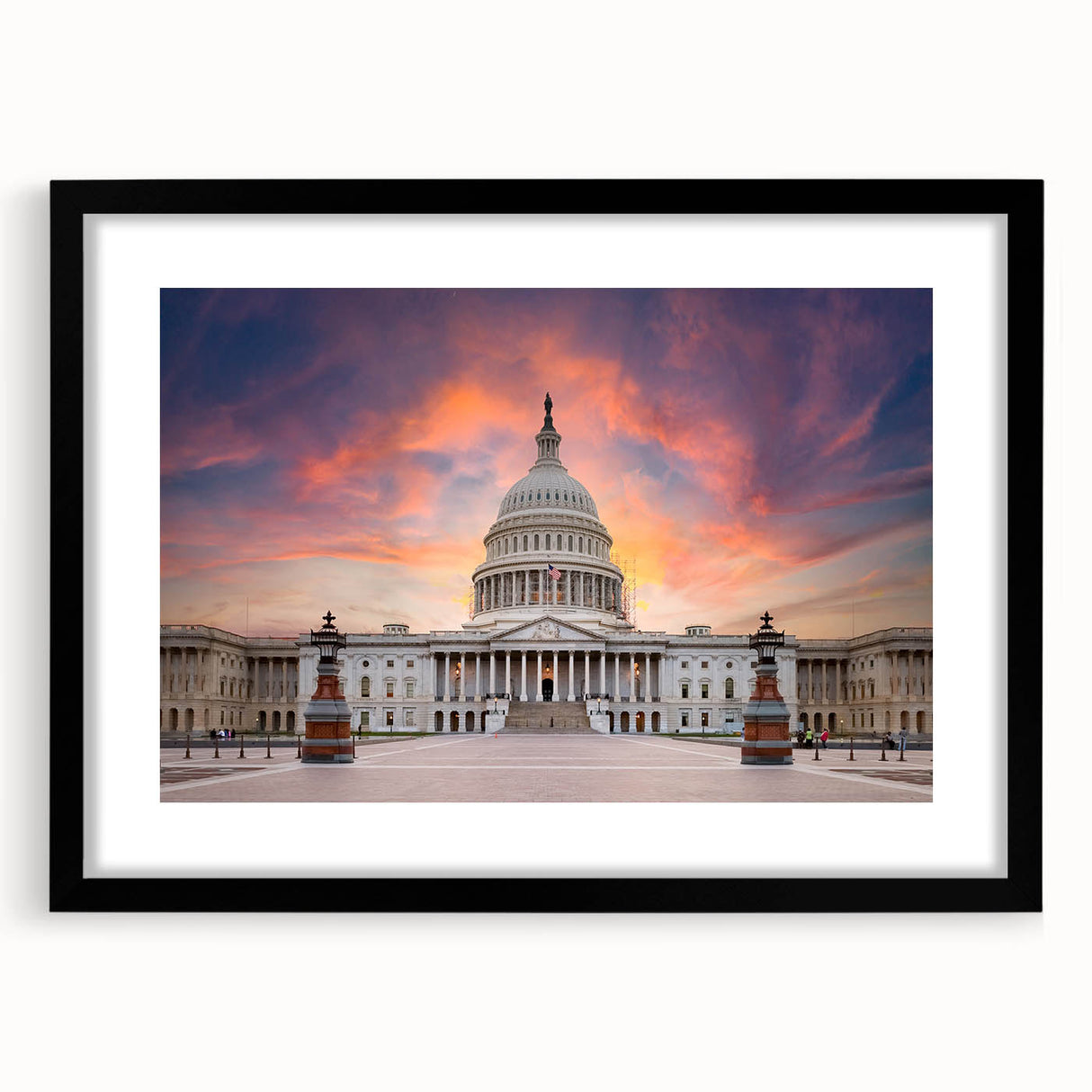 Extra large framed wall art of an abstract Washington DC Capitol scene in colorful, textured tones.