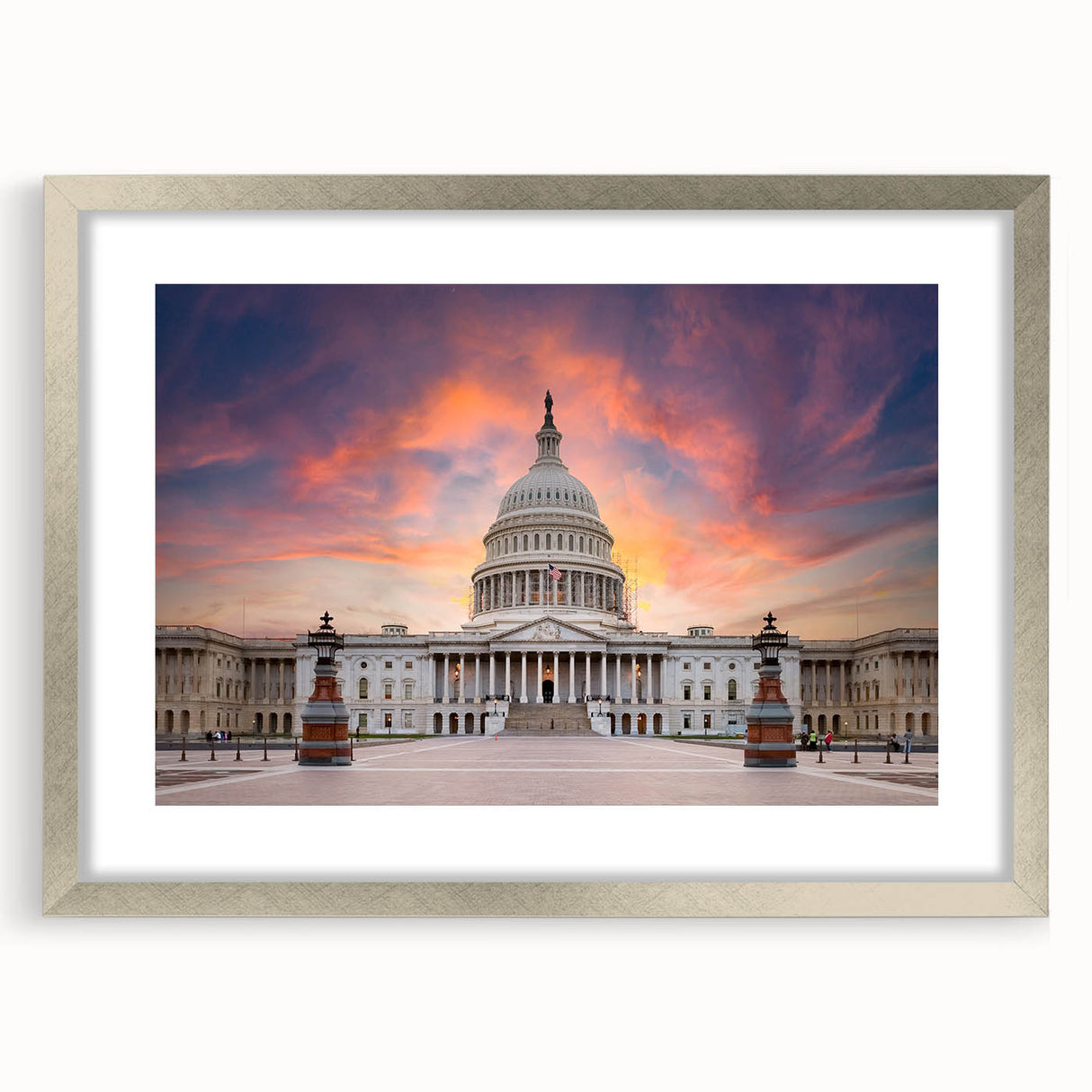 Textured art print of Washington DC Capitol in abstract style, with muted gray and silver tones on a framed mat.