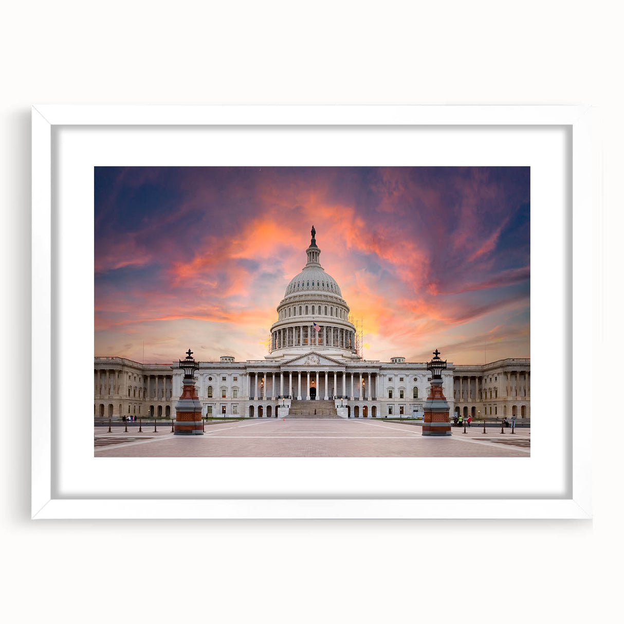 Abstract art print of the Washington DC Capitol in muted gray and blue tones on a framed white mat.