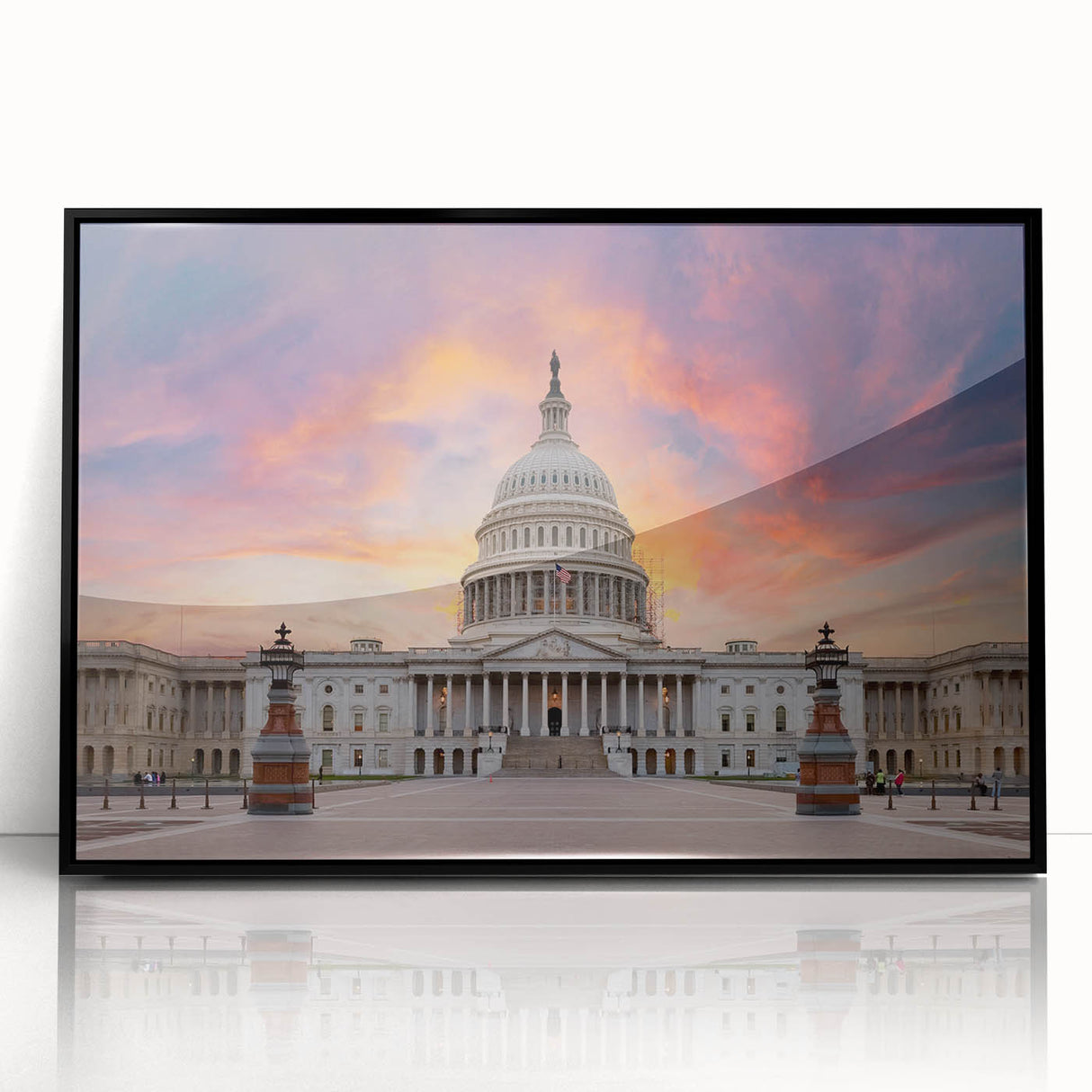 Large abstract wall art of Washington DC Capitol in monochrome shades, framed in black acrylic.