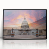 Large abstract wall art of Washington DC Capitol in monochrome shades, framed in black acrylic.