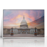 Acrylic print of Washington D.C. Capitol in art deco style with a white frame, suitable for modern art wall decor.