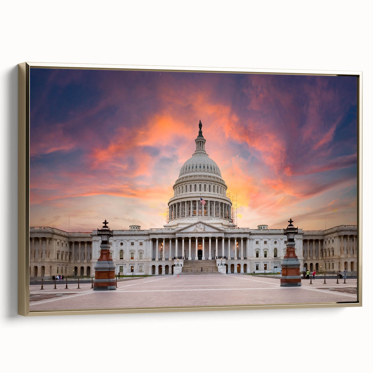 Framed canvas of Washington DC Capitol with a vintage poster style in muted gold and black tones, ideal for bedroom wall art.