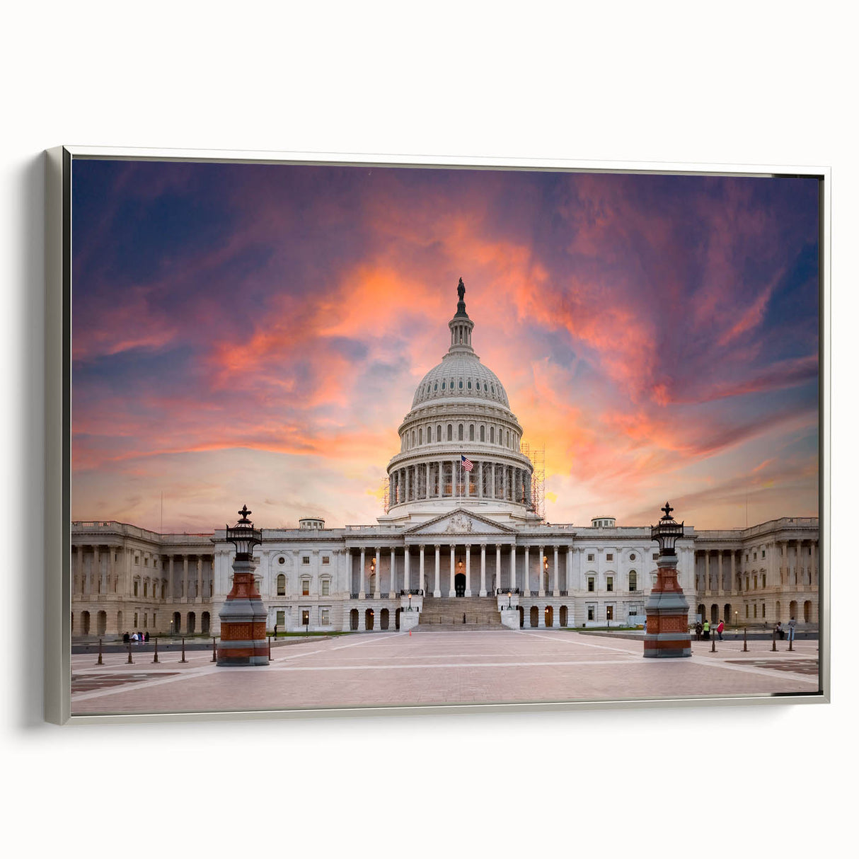 Framed canvas featuring a vintage-style landscape painting of the Washington DC Capitol in muted colors.