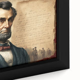 Close-up of a black framed canvas depicting the Lincoln Memorial in textured, colorful art, ideal for living room decor.