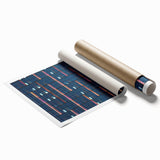 Rolled print of Seattle skyline with muted blue and gray tones, suitable for classy bathroom wall art.