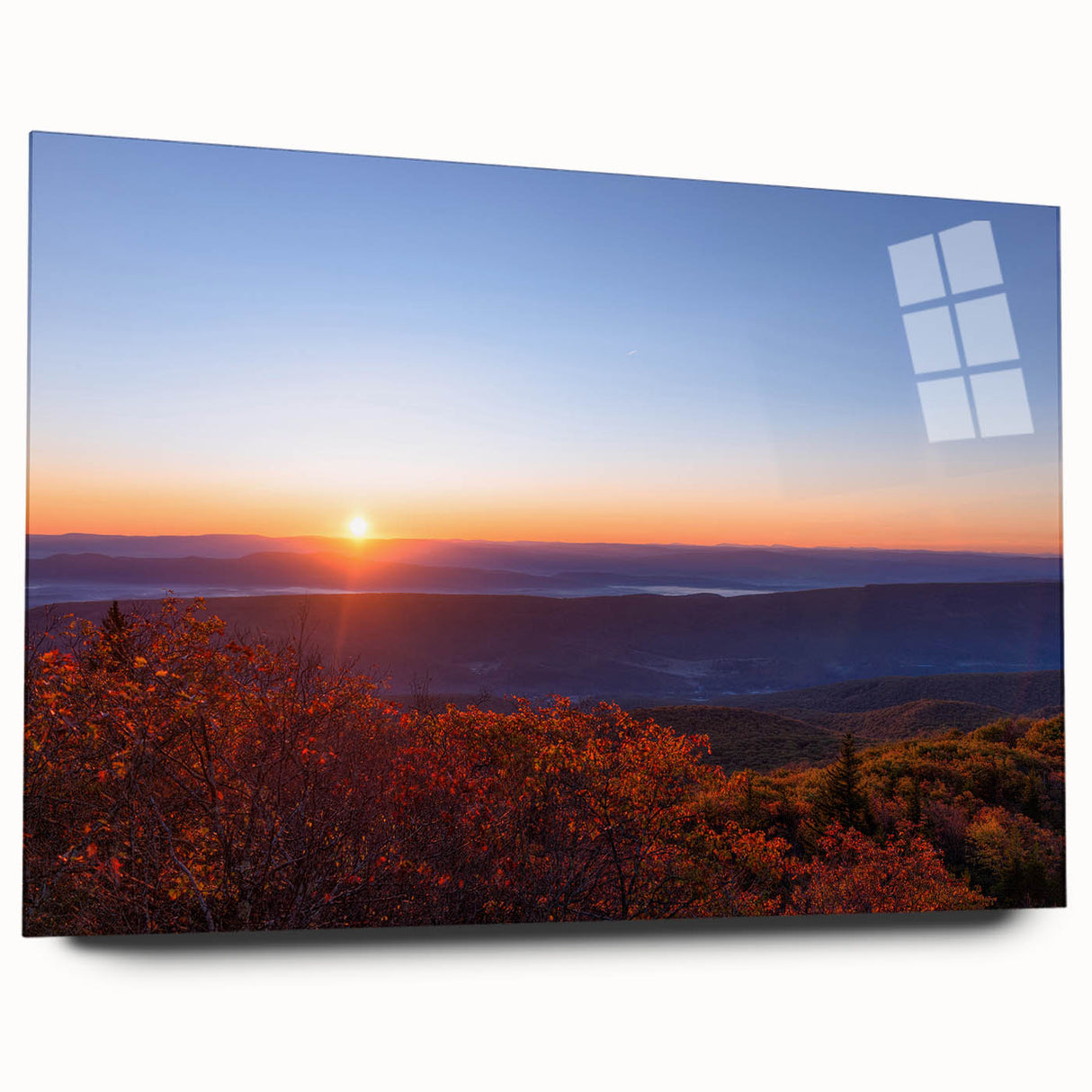 Large abstract depiction of West Virginia landscape on acrylic glass, featuring cool blue and green tones.