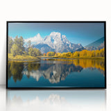 Large abstract wall art of Wyoming's Grand Tetons in muted earth tones, framed in black acrylic, suitable for modern decor.