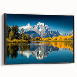 Black and white framed canvas of the Grand Tetons landscape, ideal for bedroom wall art.