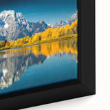 Extra large framed canvas of the Grand Tetons in Wyoming, featuring textured black and colorful art.