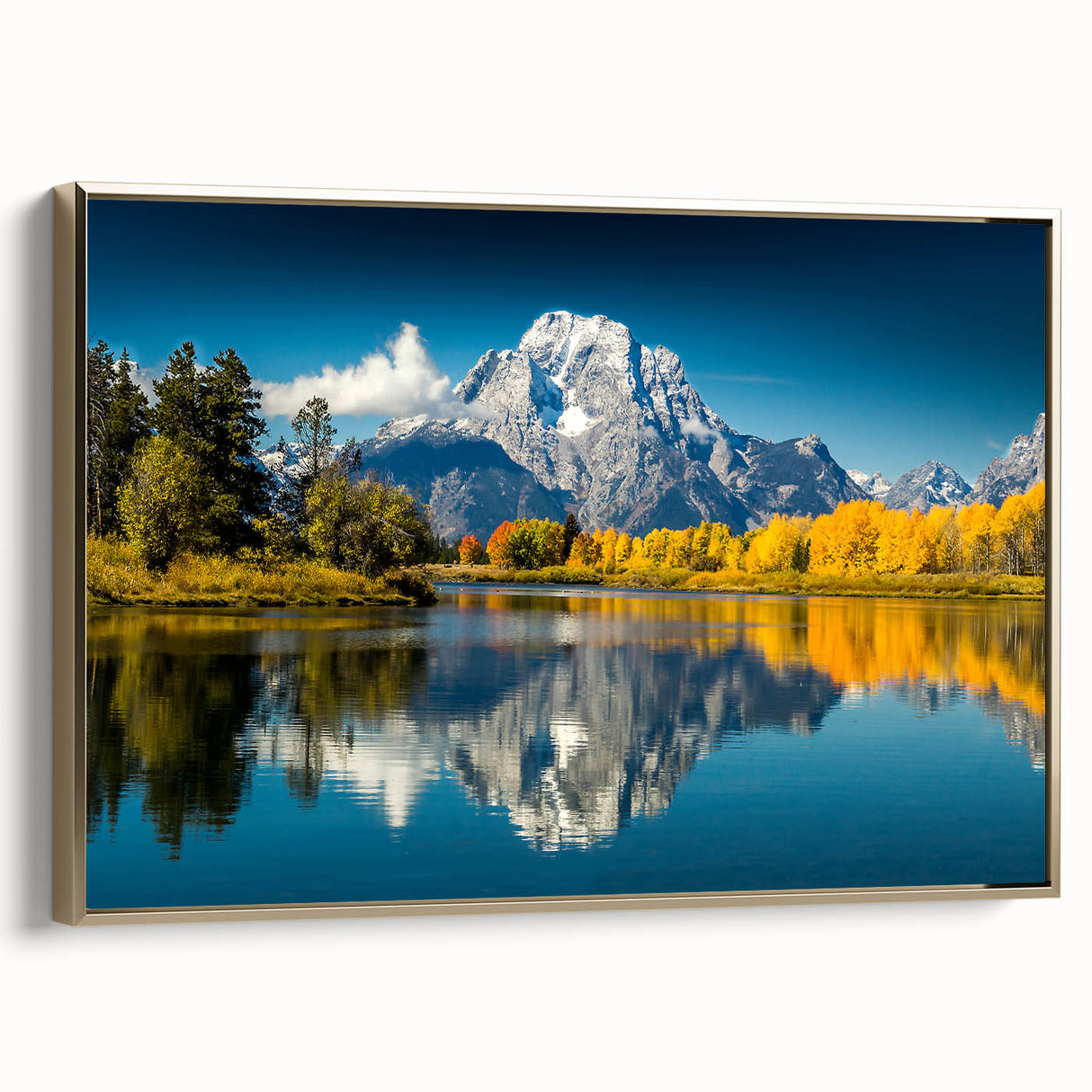 Framed canvas of the Grand Tetons in muted earth tones, ideal for bedroom wall art.