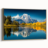 Framed canvas of the Grand Tetons in muted earth tones, ideal for bedroom wall art.