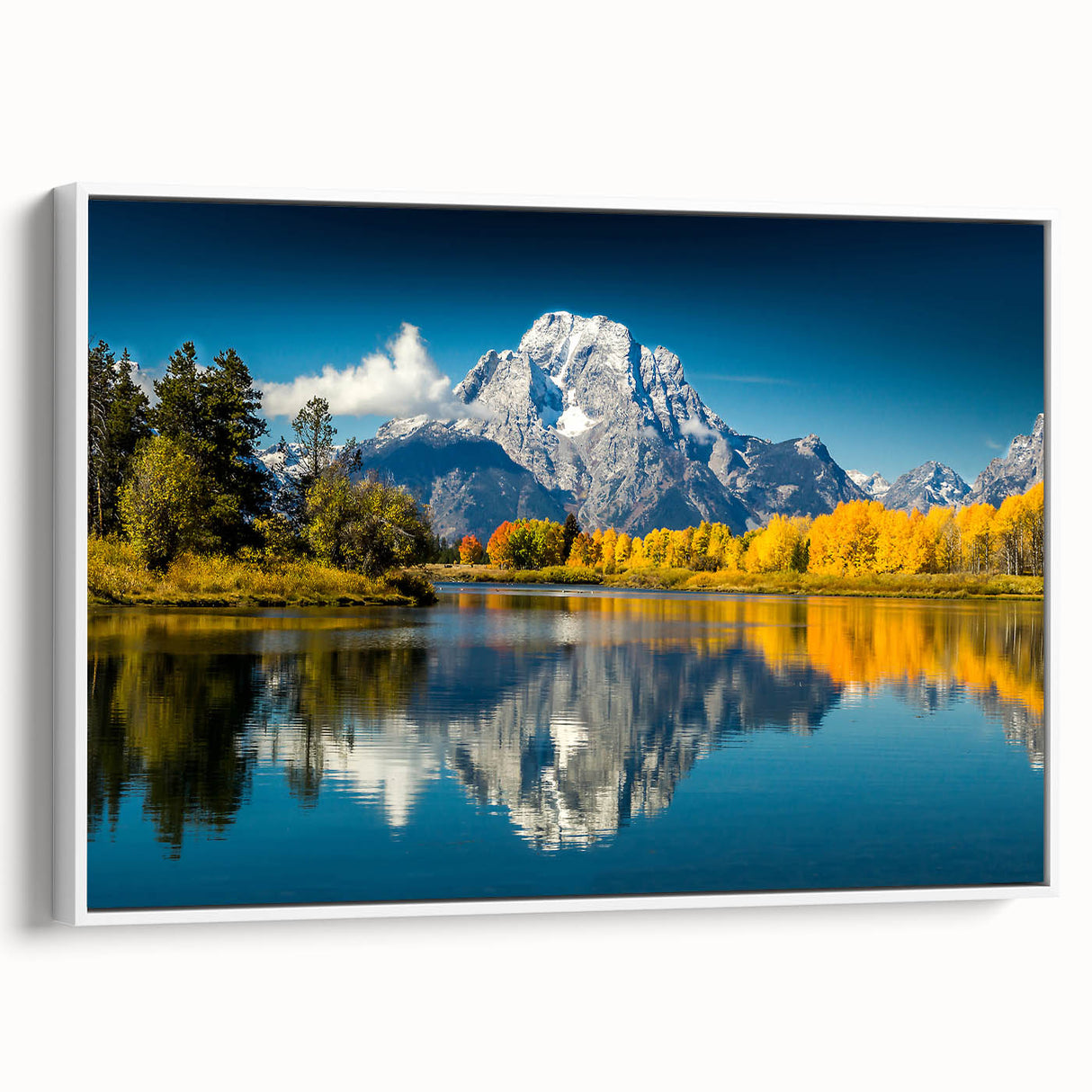 Vintage poster art of Grand Tetons in vibrant colors on a framed canvas, ideal for living room decor.