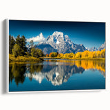 Vintage poster art of Grand Tetons in vibrant colors on a framed canvas, ideal for living room decor.