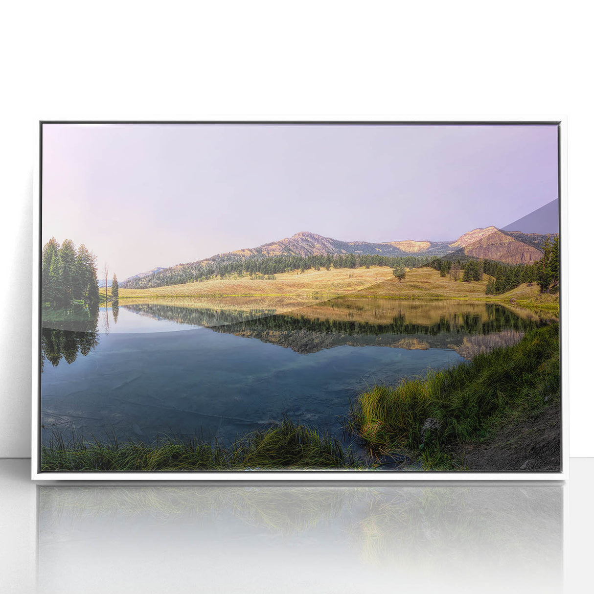 Acrylic print of Yellowstone scenery in art deco style, featuring muted earth tones, ideal for modern art wall decor.