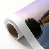 Art deco-style Yellowstone scenery on rolled canvas, featuring serene green and blue tones, ideal for nursery wall art.