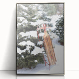 Mid-century modernist art depicting a winter scene in muted blue and white tones, framed acrylic.