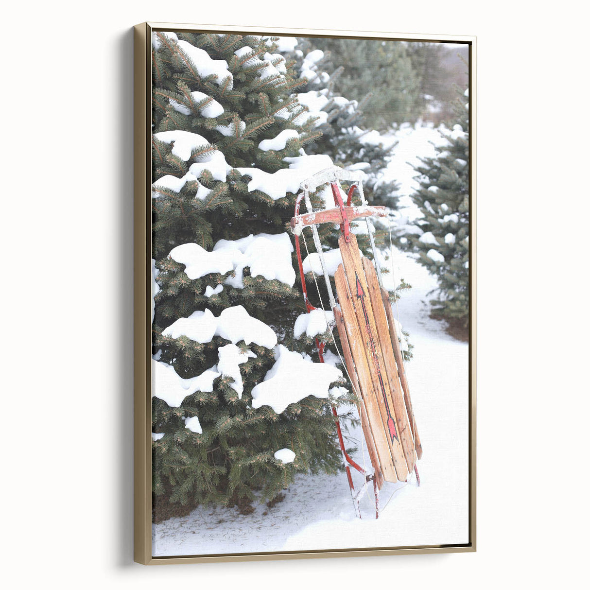 Winter landscape painting on framed canvas with muted blue and white tones, ideal for bedroom wall decor.