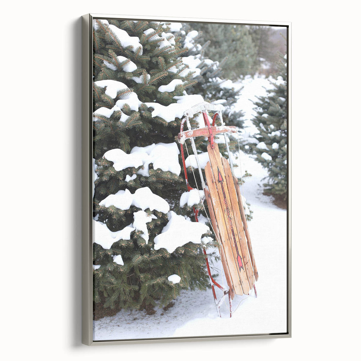 Winter landscape painting on framed canvas, featuring muted blue and white tones, ideal for living room decor.