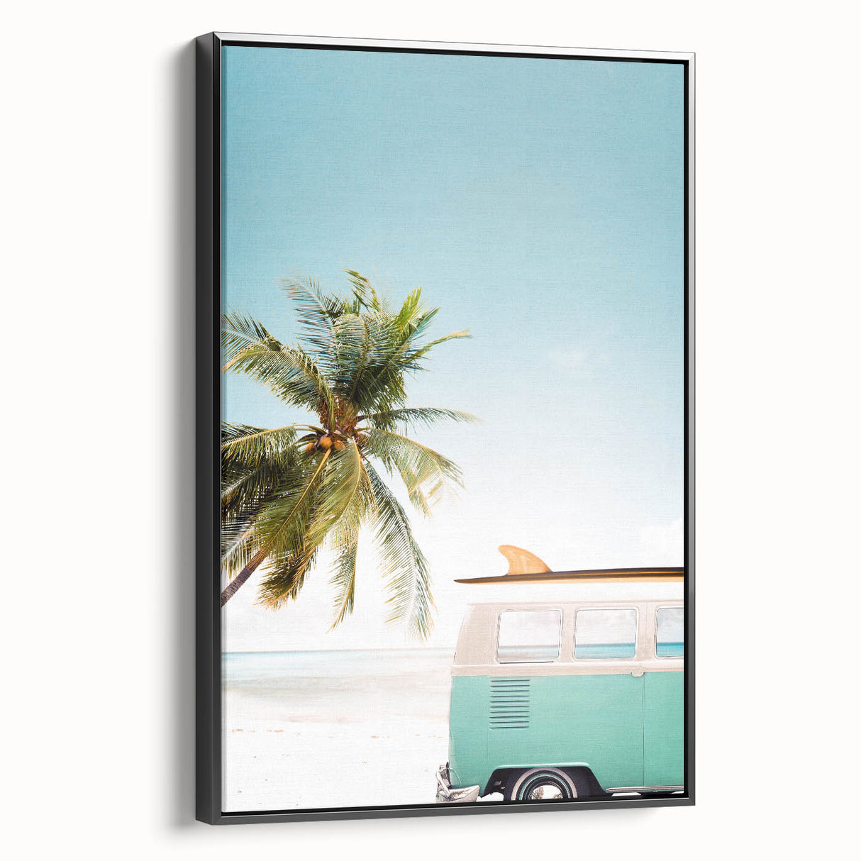 Black and white landscape art painting on framed canvas, featuring a serene vintage poster style.