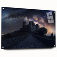 Acrylic glass artwork showcasing a vibrant landscape design with castles, presented in a side view. Features colorful details and decorative pins for display.